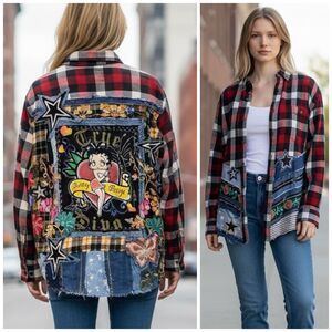 Upcycled Flannel Shirt Shacket Womens XL Betty Boop Grunge Patchwork Folk Art